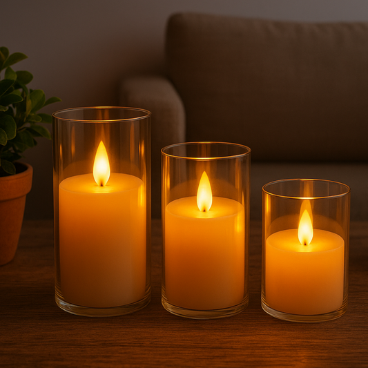 VECTOR ENERGIA | Set x3 candele in Vetro a batterie effetto fiamma con telecomando